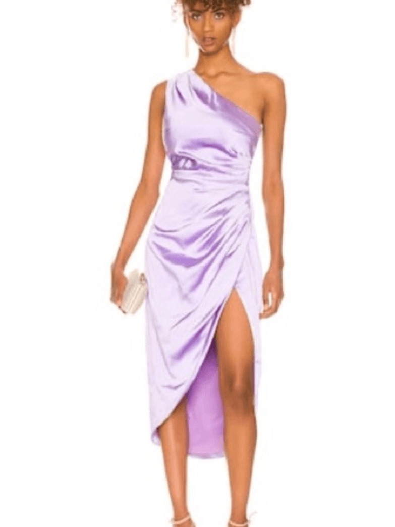 Elliatt One-Shoulder Lavender Satin Midi Dress With Side Slit